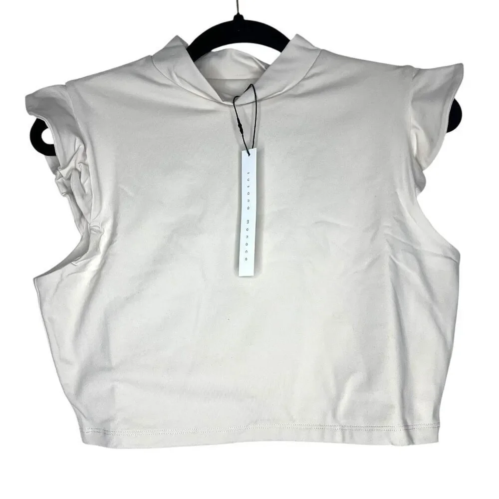 NEW Susana Monaco Mock Ruffle Sleeve Crop Top in Blanched Almond L